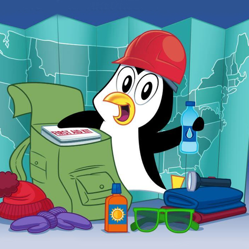 Ilustración del pingüino Pedro empacando un kit de suministros de emergencia.
