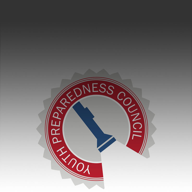 The Youth Preparedness Council logo on a white backgroundd. Logo contains a flashlight with a red circle surrounding it.