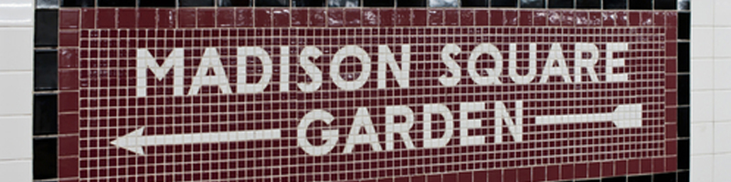 March 12th, 1993. A sign of Madison Square Garden along a tile wall in the subway station. March 12th, 1993. A sign of Madison Square Garden along a tile wall in the subway station.