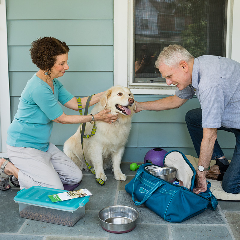 An older couple gets their dog ready for an emergency with an emergency supply kit. 