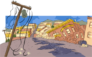 A telephone pole tilted over and collapased buliding becuase of an earthquakes