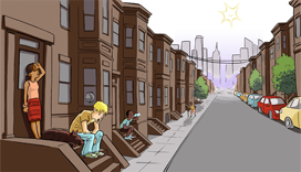 A woman and a man sitting on a porch stoop due to extreme Heat