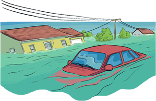 Car and house covered with water from a flood
