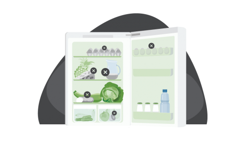 Illustration of food in an open refrigerator, showing some spoiled food, including eggs, cut vegetables and a pitcher of fluid.