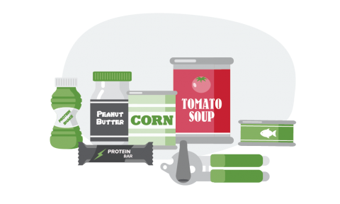 Illustration of a can opener and non-perishable food including peanut butter, a protein shake, protein bar, tuna fish, tomato soup and canned corn.