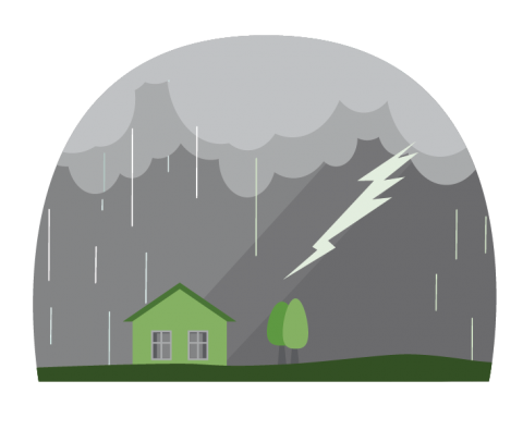 Illustration of a house in the rain, with lightning striking nearby. 