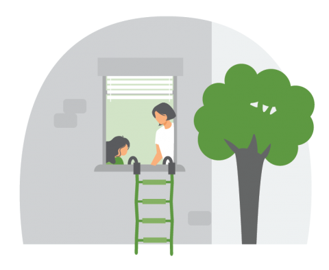 Illustration of a mother showing her daughter how to use a fire escape ladder. 