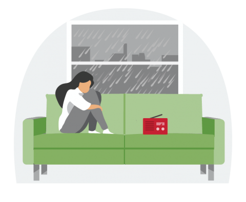 Illustration of a woman listening to the radio, with heavy rain outside the window. 
