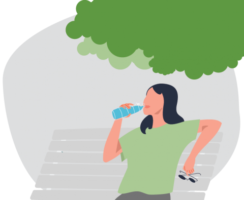 Illustration of a woman sitting under a tree drinking water. 