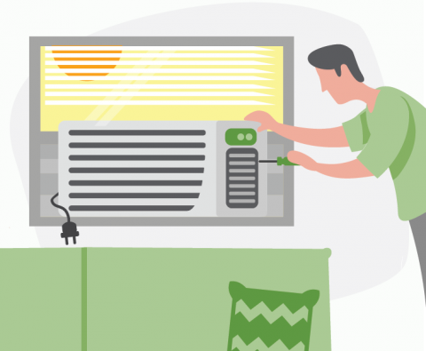 Illustration of a man installing a window air conditioner on a hot day.