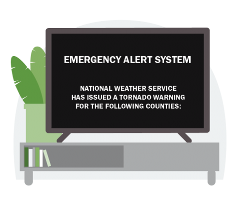 A tv shows the message: Emergency Alert System  National Weather Service has issued a tornado warning for the following counties: 