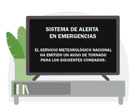Un televisor muestra el mensaje: Sistema de alerta de emergencia El Servicio Meteorológico Nacional ha emitido una advertencia de tornado para los siguientes condados: 
