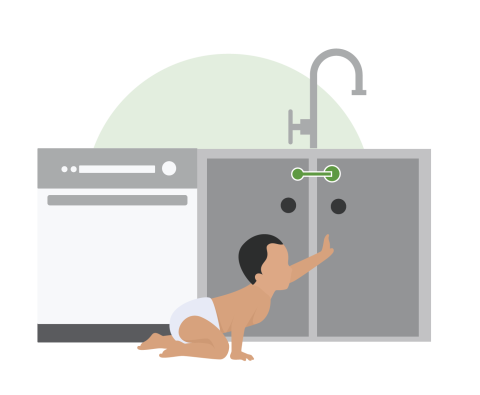 Illustration of a baby trying to get into a child-proofed cabinet under a sink. 