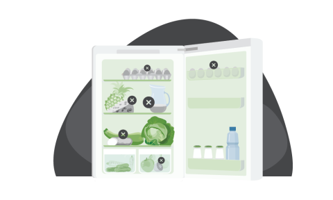 Illustration of food in a refrigerator after the power has been off for several hours. Some food will need to be thrown out.