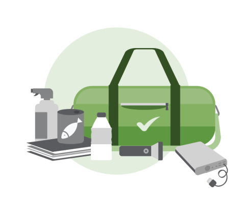 An emergency supply kit including an external battery, canned food, water, a flashlight, cleaning supplies and important papers.