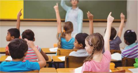 students raising hands in classroom