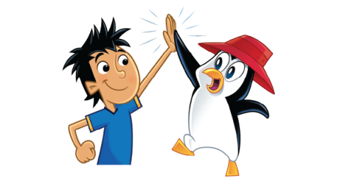 a boy and pedro the penguin give a high five