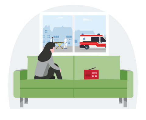 Illustration of a woman sitting on the couch listening to the radio looking out the window at two first responders putting a stretcher into an ambulance. 