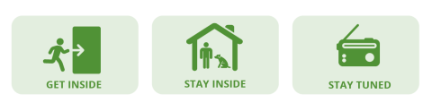 Graphic illustrations show a person running indoors, staying indoors with their dog, and a picture of a radio. Text reads get inside, stay inside, stay tuned. 