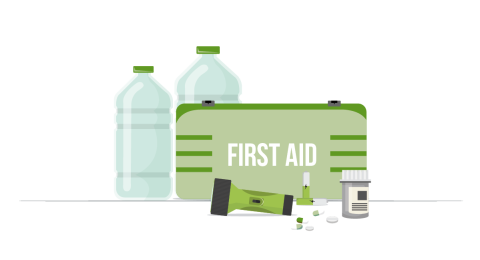 First aid kit with medication, flashlight and water. 