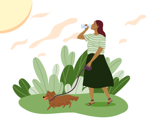 A drawing of a woman walking her dog and drinking a water bottle outside.