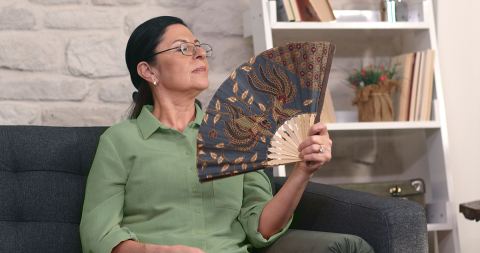 A picture of a woman sitting on a couch and using a fan. She is in front of a bookcase.