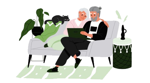 an older couple sit on the couch looking at a tablet, while their cat lays next to them. 