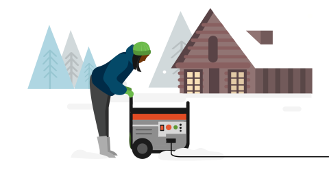 Woman outside in the snow working a generator. 