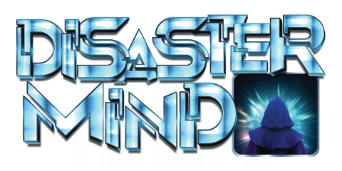 Disaster Mind game graphics in a futuristic blue font with a small picture of someone wearing a dark blue hooded cloak facing a bright starburst of blue light