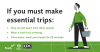 a man with a bucket wearing a face cloth. If you must make essential trips: stay six feet apart from other people, wear a cloth face covering, once home, wash your hands for 20 seconds.