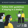 People talking from feet away wearing masks. Be Ready for Disasters During Coronavirus. Follow CDC guidelines if staying in a shelter. 