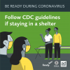 People talking from feet away wearing masks. Be Ready for Disasters During Coronavirus. Follow CDC guidelines if staying in a shelter.