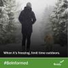 From behind, a person walks their dog in the snow, bundled up in a coat and hat. When it's freezing, limit time outdoors. #BeInformed