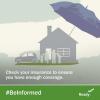 Silhouette of a family in front of their house and car, an umbrella covers them. Check your insurance to ensure you have enough coverage. #BeInformed