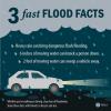 A car drives through rain. 3 Fast Flood Facts  Heavy rain can bring dangerous flash flooding.  6 inches of moving water can knock a person down.  2 feet of moving water can sweep a vehicle away.  Whether you're walking or driving, stay clear of floodwater. Share these facts with friends so they're safe too.