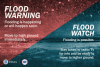 Flood warning: flooding is happening or will happen soon. Move to high ground immediately. Flood watch: flooding is possible. Stay tuned to radio/TV for info and be ready to move to higher ground. 
