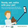 A man using a selfie stick to take a selfie with his dog. Text reads: Ready, set, selfie with your pet! Have a current photo of you with your pet in case you are separated during disaster. ready.gov/pets