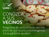 El hombre del pan de jengibre formó galletas en un plato. El texto dice: Conozca a sus vecinos. Asegúrese de conocer a sus vecinos antes de que ocurra una emergencia. ¡Unas galletitas ayudan! Resolver estar listo. 