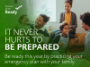 A family laughing together on a couch. Text reads: It never hurts to be prepared. Be ready this year by practicing your emergency plan with your family.
