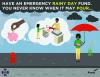 A girl in the rain is holding an umbrella and piggy bank. Her thought bubbles show her putting money in her piggy bank and using the money to buy an umbrella. Have an emergency rainy day fund. You never know when it may pour.