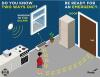 A boy has two ways to exit a kitchen as a fire alarm sounds. Paths lead to a window to a fire escape and a door. Do you know two ways out? Be ready for an emergency.