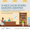 Gráfica con fondo amarillo que ilustra una biblioteca con dos personas hablando y una persona mirando libros. El texto invita a los usuarios a protegerse del calor adentro de edificios públicos.