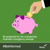 Illustration of a hand putting a coin into a bright pink piggy bank. Be prepared for the unexpected, maintain emergency savings.