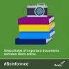 Graphic image of four brightly covered books with a camera sitting on top of the stack, against a green background. Snap photos of important documents and save them online. #BeInformed