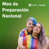Dos mujeres con camisas de arcoíris se abrazan. Mes Nacional de Preparación.