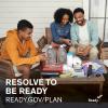A group of friends builds an emergency supply kit. Text reads resolve to be ready ready.gov/plan