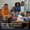 A group of friends builds an emergency supply kit. Text reads new year, new resolution, resolve to protect your legacy. 