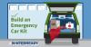 Build an emergency car it. Graphic shows emergency car kit in the trunk of a car that includes sand, map, first aid kit, blanket, snow scraper and jumper cables. 