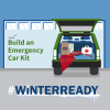 Build an emergency car it. Graphic shows emergency car kit in the trunk of a car that includes sand, map, first aid kit, blanket, snow scraper and jumper cables.