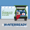 Build an emergency car it. Graphic shows emergency car kit in the trunk of a car that includes sand, map, first aid kit, blanket, snow scraper and jumper cables.